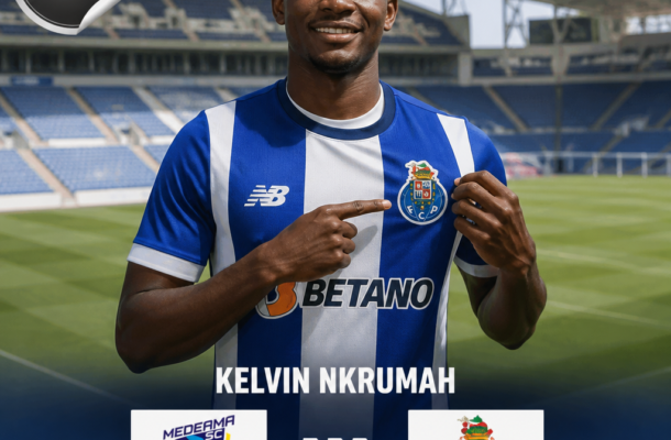 Footballer Kelvin Nkrumah in a blue-and-white striped jersey on a stadium field, with a 'RUMOUR' badge and a Medeama → Porto transfer graphic.