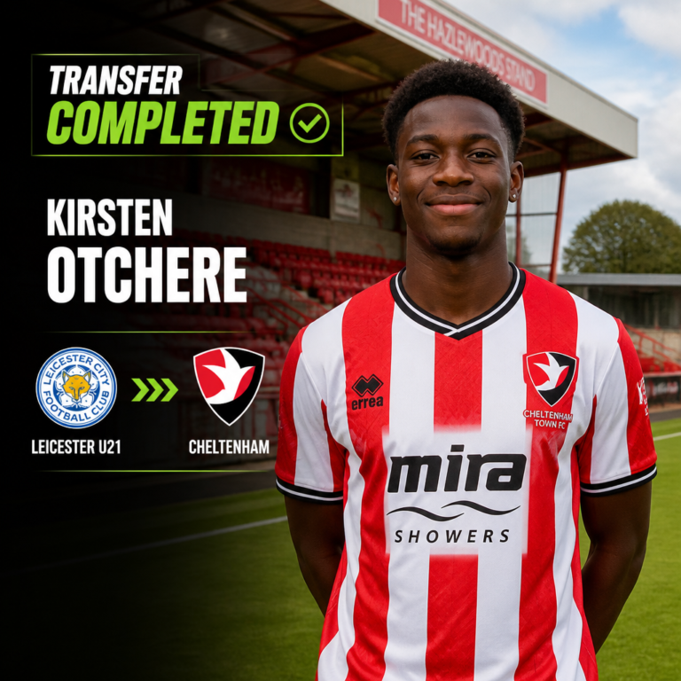 Smiling footballer in a red-and-white striped jersey on a stadium field with 'TRANSFER COMPLETED' banner and the name 'KIRSTEN OTCHERE'; Leicester City U21 logo and Cheltenham logo visible to indicate a transfer between the clubs.