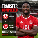 Transfer completed banner: Douglas Owusu, midfielder for Hapoel Tel Aviv, in a red jersey with arms crossed on a stadium backdrop.