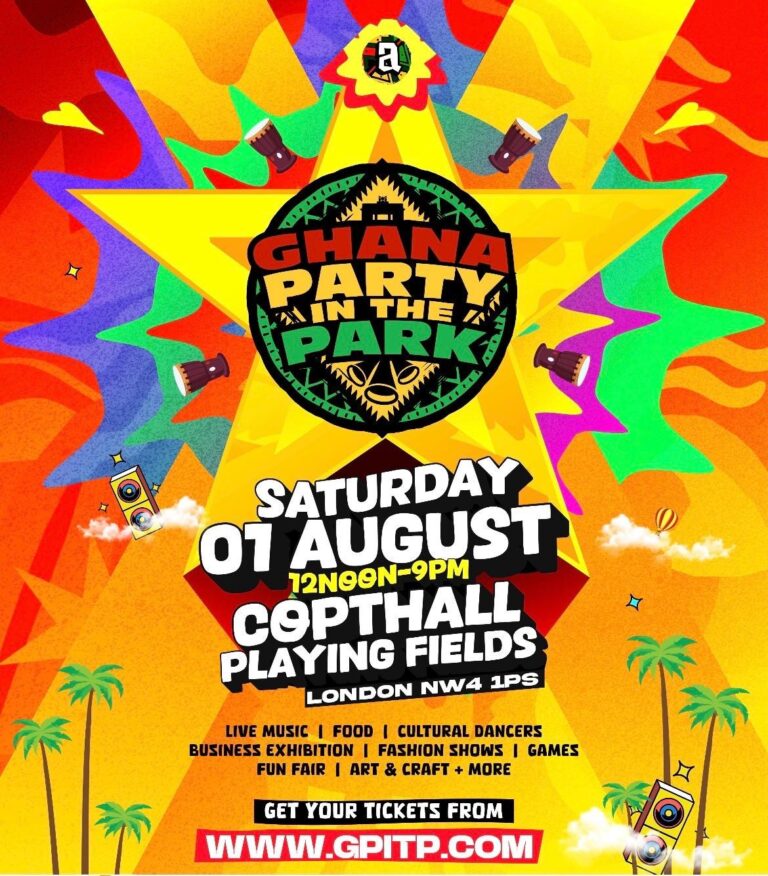 Vibrant festival poster advertising Ghana Party in the Park with date, location in London, and ticket info.