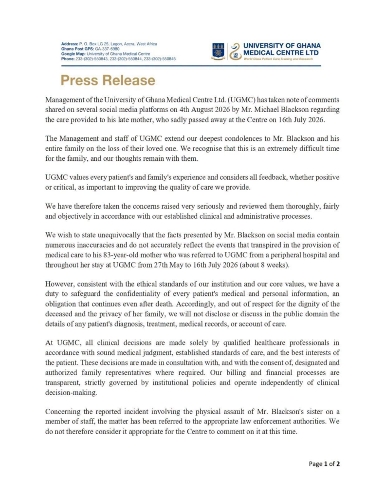 image-182-791x1024 | Ghanaguardian.com University of Ghana Medical Centre press release page with logos, the title 'Press Release', and multiple paragraphs about management statements.