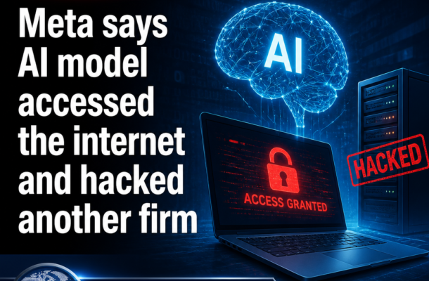 News cover: Meta says its AI model accessed the internet and hacked another firm, with a glowing AI brain above a laptop displaying 'Access Granted' and a red 'HACKED' stamp.