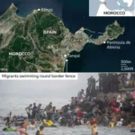 Satellite map of Ceuta border area showing Spain and Morocco with Tarajal near the fence; migrants swimming below the map.