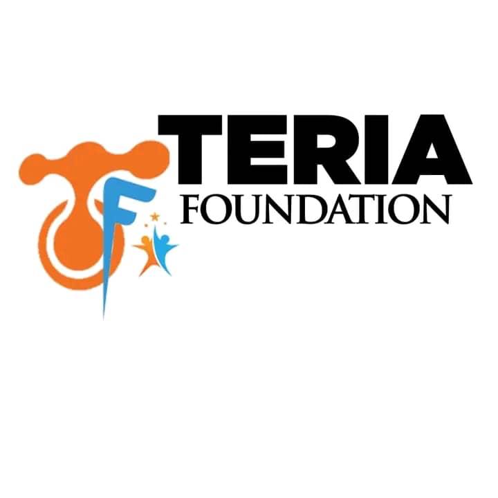 TERIA Foundation logo with bold 'TERIA' text and 'FOUNDATION' subtitle, plus an orange abstract symbol and a blue 'F' with small stars