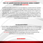 Press release poster about two armed robberies on 30/07/26 involving VIP Jeoun coaches, with management note at the bottom.