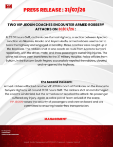 Press release poster about two armed robberies on 30/07/26 involving VIP Jeoun coaches, with management note at the bottom.