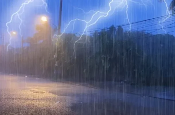 Nighttime thunderstorm over a tree-lined street with bright lightning bolts and rain reflecting on the wet pavement under streetlights.