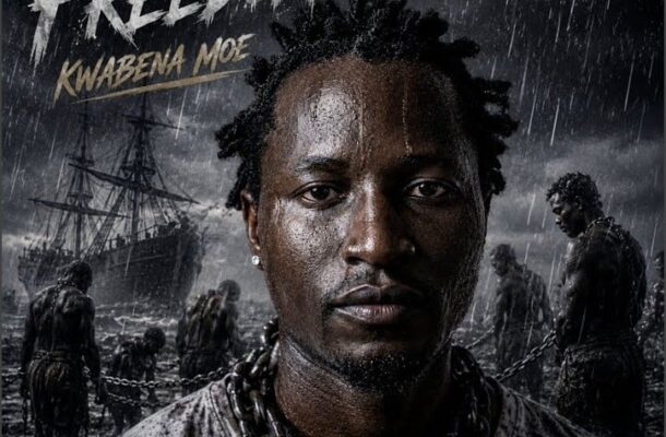Film poster: a man chained in the rain, with enslaved figures and a ship in the stormy background, title 'Freedom' at top.