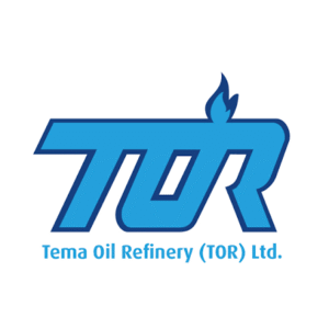 Logo of Tema Oil Refinery (TOR) Ltd., featuring a bold blue 'TOR' with a flame motif above the letters.