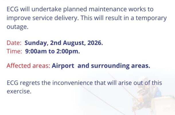Public notice: ECG planned maintenance in Accra East on Friday 31 July 2026; temporary outage expected. Date: Sunday 2 Aug 2026, 9:00am–2:00pm; affected areas include Airport and surrounding areas.