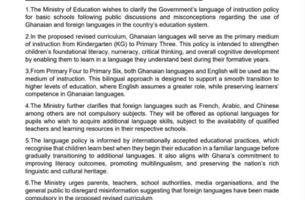 no_translation_7566_e0cy2fufqun7bgm01pwyz9lm_no_translation_translation | Ghanaguardian.com Ghana Ministry of Education press release about language of instruction policy for basic schools, dated 2 August 2026.