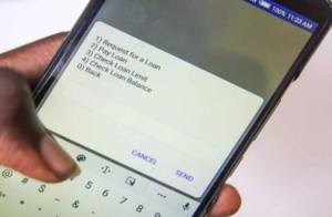 Smartphone screen displaying a loan options menu: Request for a Loan, Pay Loan, Check Loan Limit, Check Loan Balance, Back.