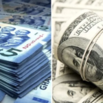 Two currency images side by side: left shows a thick stack of Ghanaian five-cedi notes, right shows a roll of US hundred-dollar bills