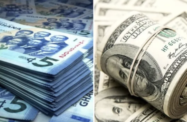 Two currency images side by side: left shows a thick stack of Ghanaian five-cedi notes, right shows a roll of US hundred-dollar bills
